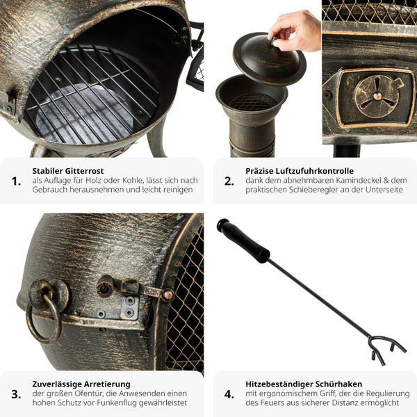 Detailansichten einer Feuerstelle, die Merkmale wie einen stabilen Grillrost, eine präzise Luftzufuhrkontrolle und einen hitzebeständigen Schürhaken hervorheben