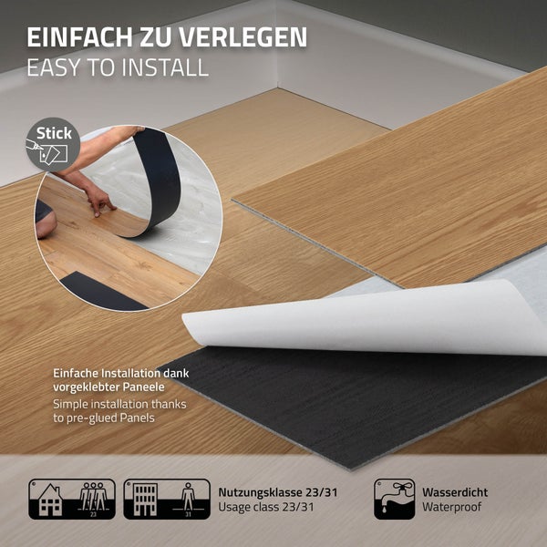 ML-Design Deluxe PVC Bodenbelag, Selbstklebende Vinyl-Dielen, Vinylboden, 91,5 cm x 15,3 cm x 2 mm, Dicke 2 mm, 6,69m²/48 Dielen, Eiche Sundance, Holzoptik, rutschfest, wasserfest, Einfache Verlegung
