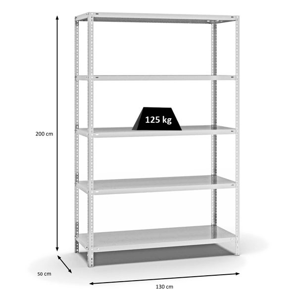 PROREGAL Fachbodenregal Schraubsystem Light-Duty Grundregal HxBxT 200 x 130 x 50 cm 5 Ebenen Fachlast 125 kg Beidseitig Nutzbar Lichtgrau