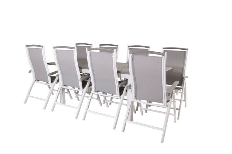 Albany Gartenset Tisch 90x160/240cm und 8 Stühle 5pos Albany weiß, grau. 90 X 160 X 75 cm