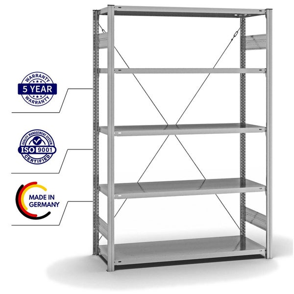 PROREGAL Fachbodenregal Stecksystem T-Profil Light-Duty Grundregal HxBxT 200 x 130 x 50 cm 5 Ebenen Fachlast 185 kg Einseitig Nutzbar Verzinkt