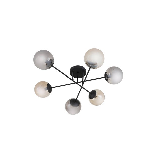 Deckenleuchte mit sechs Glaskugeln und schwarzem Gestell