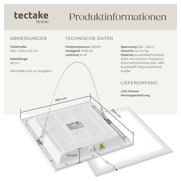 Produktinformationen für Tectake LED Panel inklusive Maße und technische Daten.