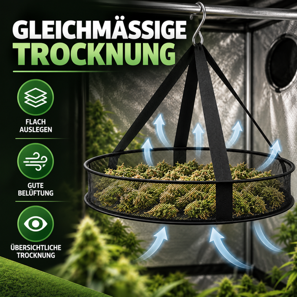 Hängendes Kräutertrockengestell mit 46 Zentimeter Durchmesser aus Netzmaterial mit Aufhängung für die schonende Trocknung von Kräutern.