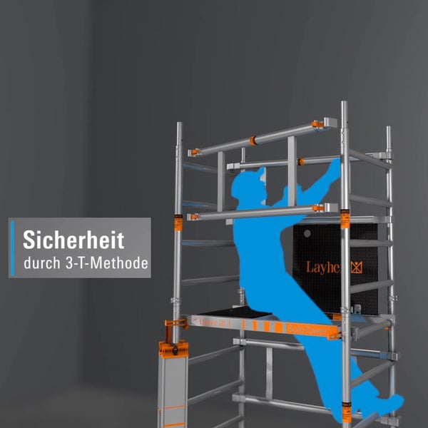 Layher Logo auf einem Gerüst mit einer blauen Person, die die 3-T-Methode zur Sicherheit demonstriert