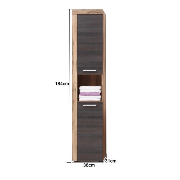 CancunBoom Bad Hochschrank 2 Türen, 1 offenes Fach Nussbaum Dekor, Touchwood Dekor. 36 X 31 X 184 cm