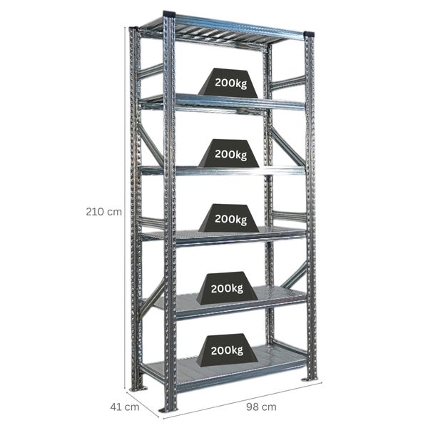 Metallregal mit fünf Ebenen und Gewichtsangabe