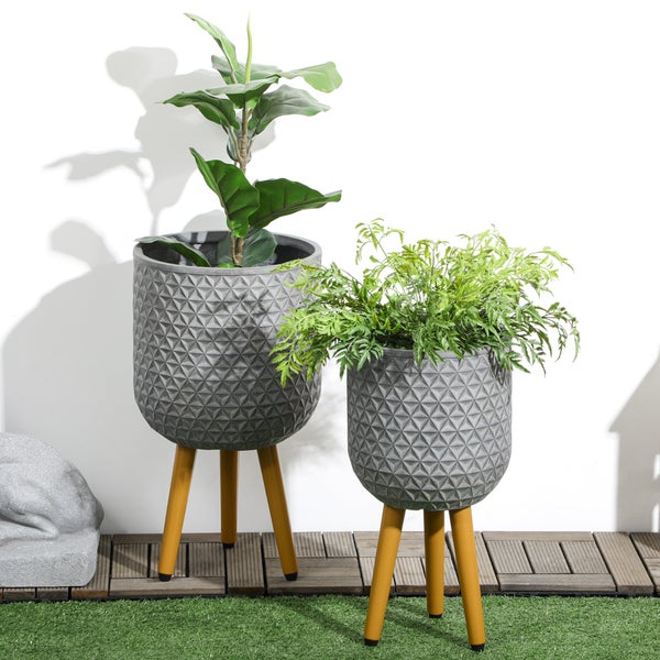 Outsunny Pflanztöpfe 3er-Set, Runde Blumentöpfe mit Ablaufloch, 30L x 30B x 52H cm, Magnesiumoxid, Grau