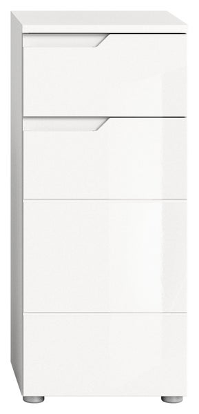 Bad-Hochschrank in Weiß mit glänzender Oberfläche, vier Fronten und zwei integrierten Griffen oben.