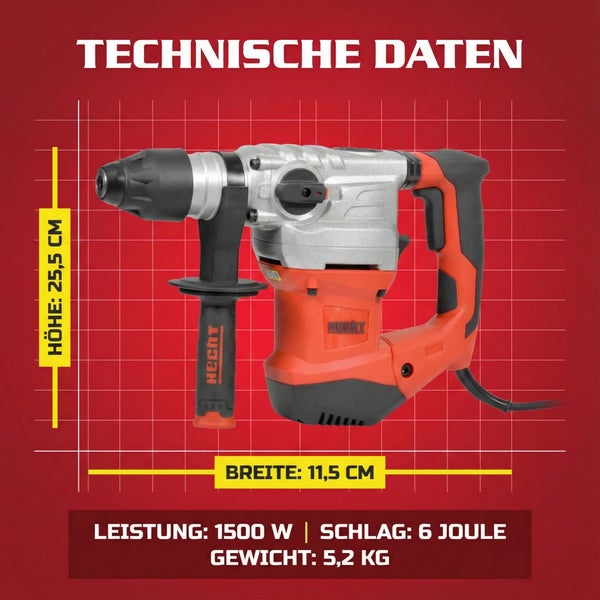 Hecht Bohrhammer mit den technischen Daten: Höhe 25,5 cm, Breite 11,5 cm, Leistung 1500 Watt, Schlag 6 Joule und Gewicht 5,2 Kilogramm.