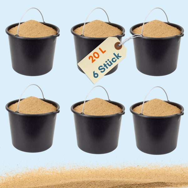 Sechs Eimer Sand, jeweils mit einem Fassungsvermögen von 20 Litern