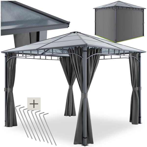 Quadratischer Gartenpavillon mit festem Dach aus Polycarbonat, Seitenteilen und Heringen zur Bodenbefestigung.