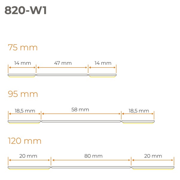 Maßzeichnung mit Abmessungen für das Produkt 820-W1 in den Größen 75 Millimeter, 95 Millimeter und 120 Millimeter.