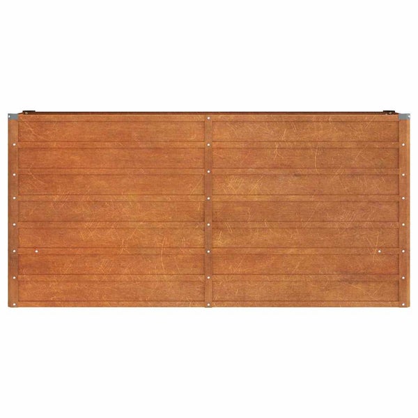 Hochbeet-Paneel aus Cortenstahl mit horizontalen Lamellen und sichtbaren Verschraubungen.