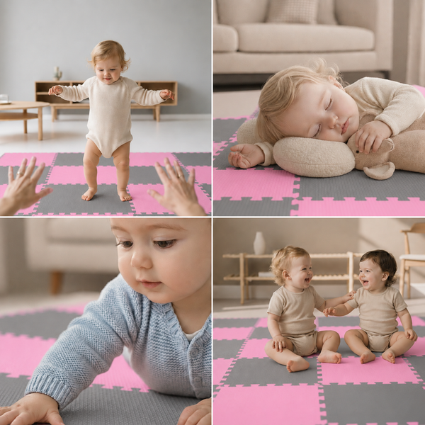 Quadratische Spielmatte aus Schaumstoff als Stecksystem in Pink und Grau für den Innenbereich geeignet.