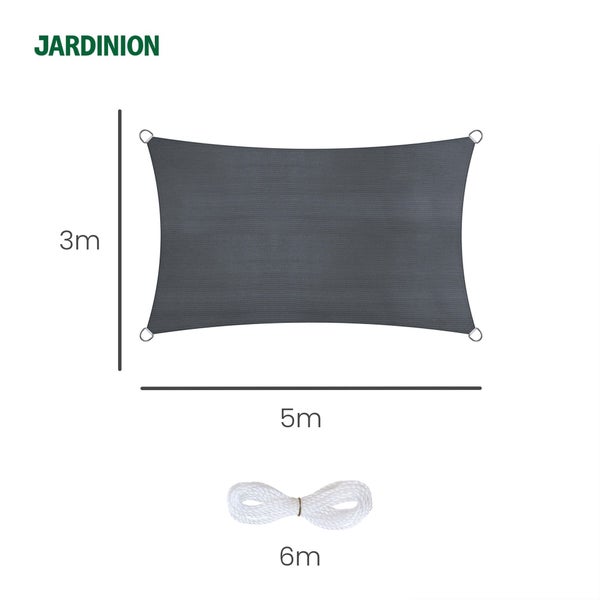 Jardinion Sonnensegel rechteckig, 3 mal 5 Meter, inklusive 6 Meter Seil. Jardinion Logo.