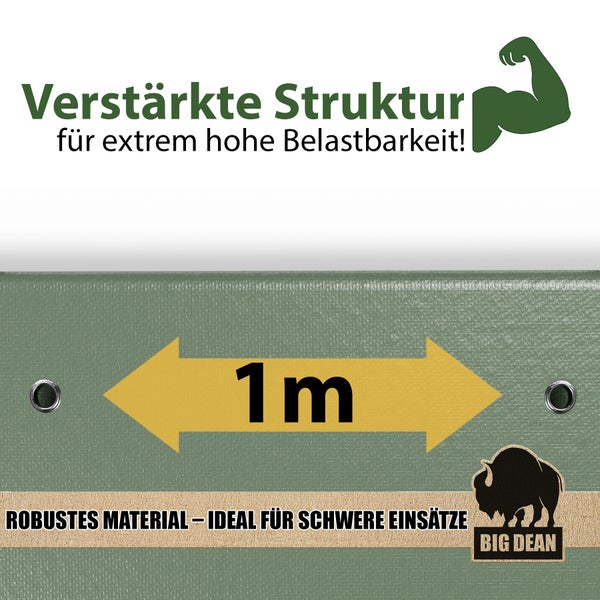 Detailaufnahme einer Plane mit verstärkter Struktur, geeignet für hohe Belastungen, gekennzeichnet mit 1 Meter, robustem Material und ideal für schwere Einsätze; Big Dean Logo.