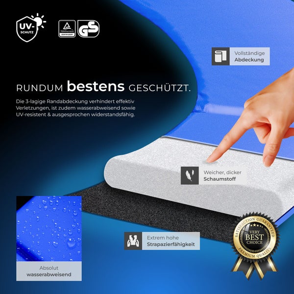 Infografik dreilagige Trampolin-Randabdeckung mit UV-Schutz, TÜV Rheinland Logo, Geprüfte Sicherheit Logo, wasserabweisend und weichem Schaumstoff.