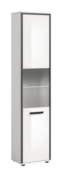 Hoher Badezimmerschrank mit weißer Hochglanzfront, grauem Rahmen, einem Glasregalfach mit Beleuchtung und schwarzem Griff.