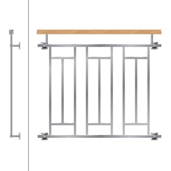 ECD Germany Französischer Balkon 90 x 100 cm mit 3 Füllelementen, Silber glänzend, Holzoptik, aus Edelstahl, Balkongeländer Stabgeländer Balkonbrüstung Balkongitter Fenstergeländer Außen Fenstergitter
