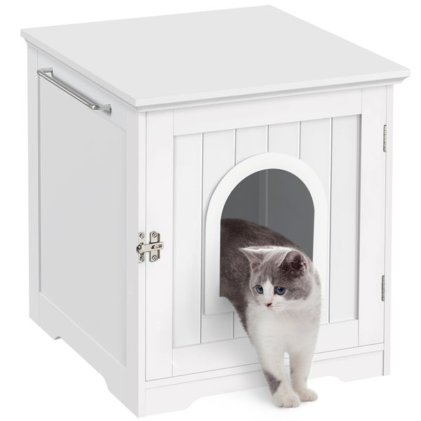Katze betritt eine weiße Katzentoilette in Schrankform