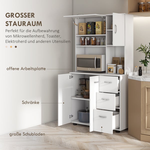 HOMCOM Küchenschrank, Hochschrank mit 3 Schubladen, verstellbaren Einlegeböden, Küchenbuffet mit Mikrowellenregal, Kippschutz für Wohnzimmer, Esszimmer, 89 x 39,5 x 168 cm, Weiß