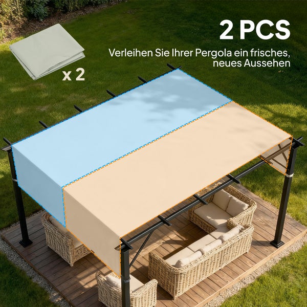 Zweiteiliges Ersatzdach für eine Pergola aus Stoff auf einem Metallgestell über einer Terrasse mit Gartenmöbeln.