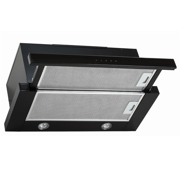 Schwarze Dunstabzugshaube mit zwei Lampen und Metallfiltern