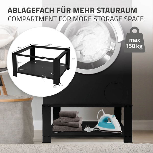 ML-Design Waschmaschinen Untergestell mit Ablage 63x54 cm Stahl Schwarz bis 150kg, Waschmaschinen-Unterschrank, Stabiler Waschmaschinensockel, 32cm hohes Podest Erhöhung Unterbau Trockner/Kühlschrank