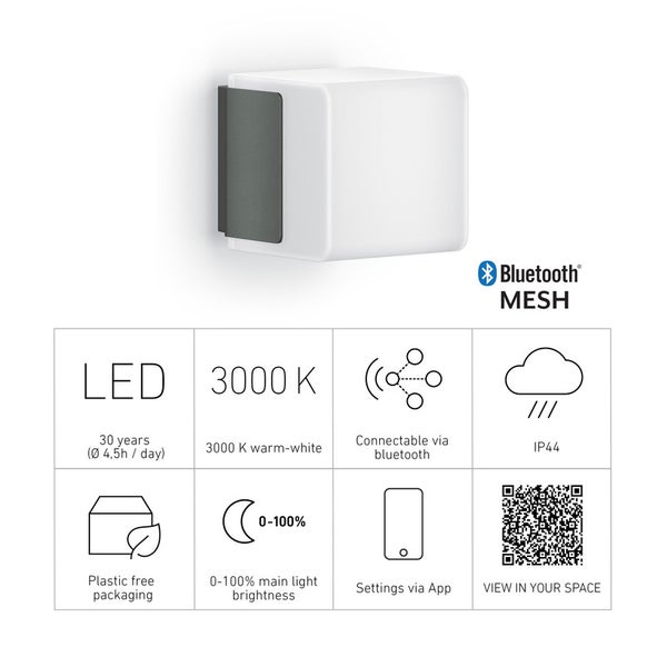 Würfelförmige LED-Außenwandleuchte in Anthrazit, Bluetooth Mesh, 3000 Kelvin warmweiß, IP44, dimmbar via App und plastikfreier Verpackung.