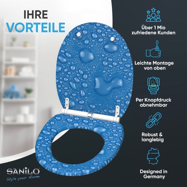 WC Sitz mit Wassertropfen Motiv und Sanilo Logo inklusive Vorteile wie einfache Montage, Abnehmbarkeit und Langlebigkeit.