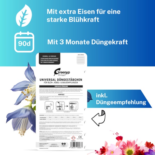 Greenyp 100x Blühpflanzen Düngestäbchen für alle Pflanzen mit Blüten I Universal NPK Blumendünger I Langzeitdünger mit Eisen und 3 Monate Düngekraft