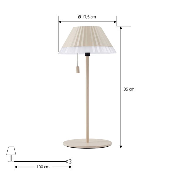 Tischleuchte mit plissiertem Schirm, Höhe 35 Zentimeter, Durchmesser 17,5 Zentimeter, Kabellänge 100 Zentimeter, mit Zugschalter.