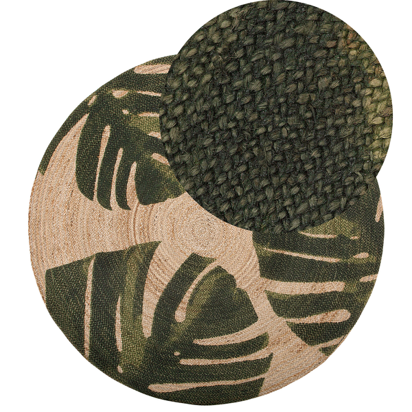 Runder Teppich mit Monstera-Blattmuster und unifarbenem Muster