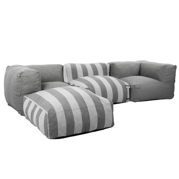 Modulares Gartensofa-Set aus Stoff, vierteilig, grau gestreift und einfarbig grau.