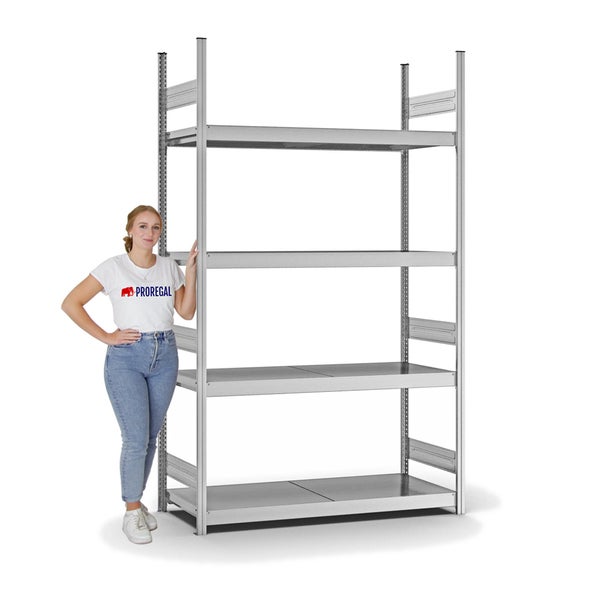 PROREGAL Weitspannregal Stecksystem T-Profil Grundregal HxBxT 250x150x50 cm 4 Ebenen Stahlplatten Fachboden Fachlast 350 kg Verzinkt