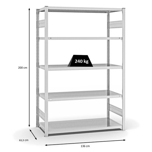 PROREGAL Fachbodenregal Stecksystem T-Profil Medium-Duty Grundregal HxBxT 200 x 130 x 60 cm 5 Ebenen Fachlast 240 kg Beidseitig Nutzbar Lichtgrau
