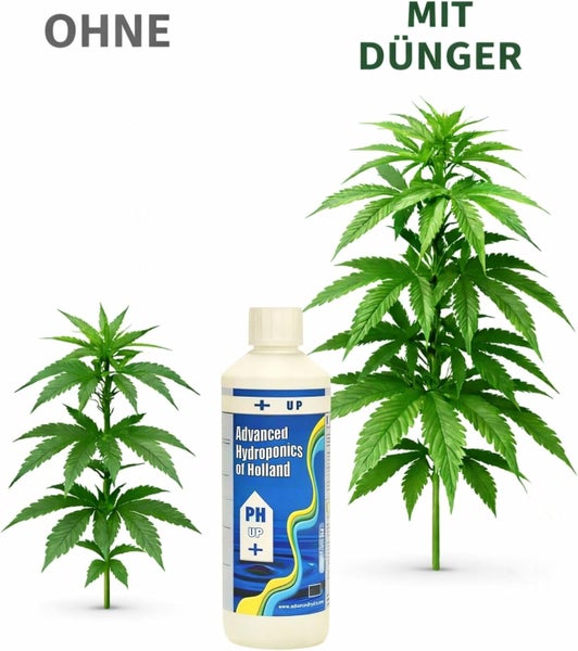 Vergleich des Pflanzenwachstums ohne und mit Dünger neben einer Flasche Advanced Hydroponics of Holland pH Up.