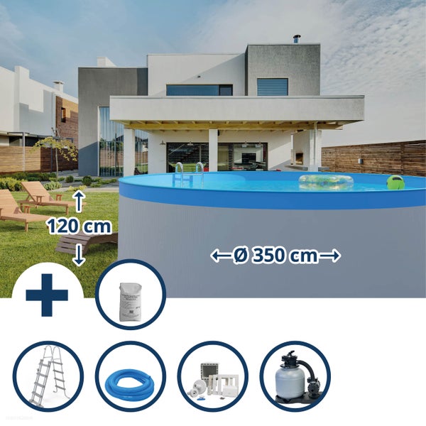 Aufstellpool mit den Maßen 120 cm Höhe und 450 cm Durchmesser sowie Zubehör wie Sandfilteranlage, Leiter, Quarzsand und Abdeckplane