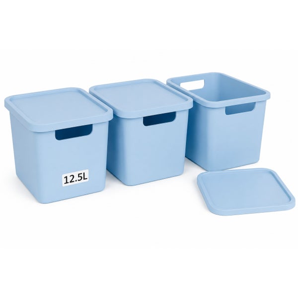Set aus drei Kunststoff Aufbewahrungsboxen mit Deckel und Tragegriffen, Inhalt 12,5 Liter pro Box