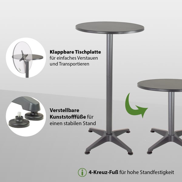 Stehtisch mit klappbarer runder Tischplatte und verstellbaren Kunststofffüßen für hohe Standfestigkeit durch ein stabiles Kreuzfußgestell.