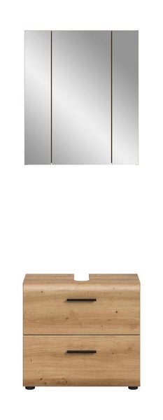 Badmöbel-Set mit dreitürigem Spiegelschrank und Waschbeckenunterschrank in Eichenoptik mit zwei Schubladen und schwarzen Griffen.
