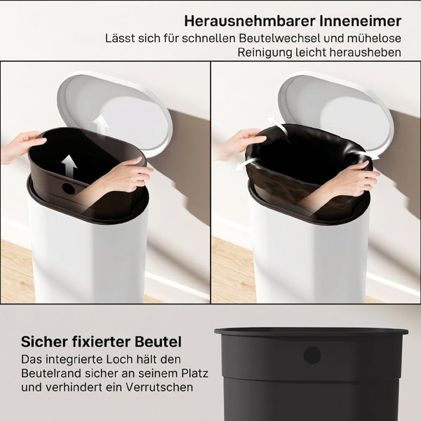 Abfalleimer mit herausnehmbarem Inneneimer und Beutelfixierung zur einfachen Reinigung und Müllbeutelbefestigung.