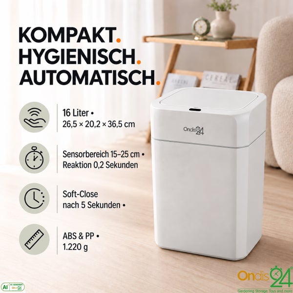 Automatischer Abfalleimer mit Sensor und offenem Deckel von Ondis24, stehend auf einer runden Unterlage.