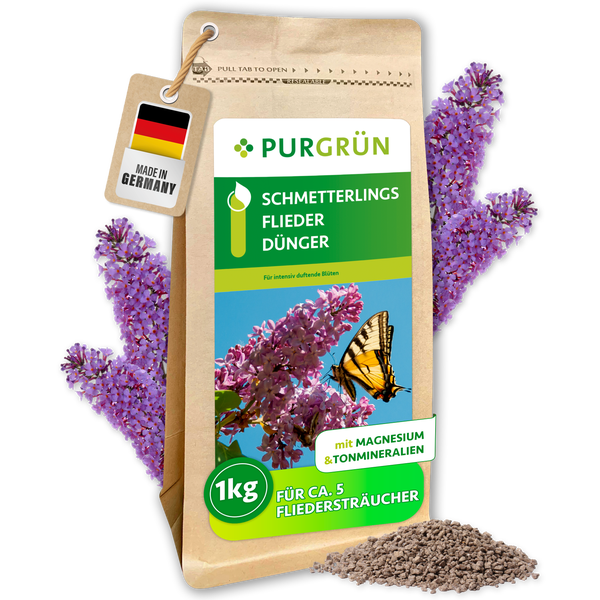 Purgrün Schmetterlingsflieder-Dünger 1 Kilogramm, organisch-mineralisch mit Magnesium und Tonmineralien für circa 5 Sträucher, hergestellt in Deutschland.