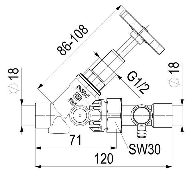 Maßzeichnung eines Schrägsitzventils mit detaillierten Abmessungen in Millimetern.