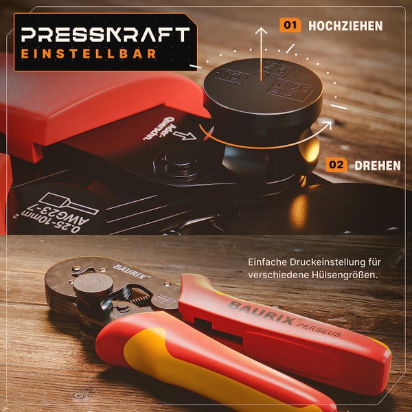 BAURIX® Crimpzange mit 2000 Aderendhülsen Set, Ergonomische Aderendhülsenzange mit Kraftregler für 0,25-10mm², isolierte und unisolierte Aderendhülsen, Crimpwerkzeug - Modell: PERSEUS (4-Kant)