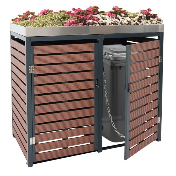 Mülltonnenbox mit Pflanzdach und geöffneter Tür, im Inneren befindet sich eine Mülltonne