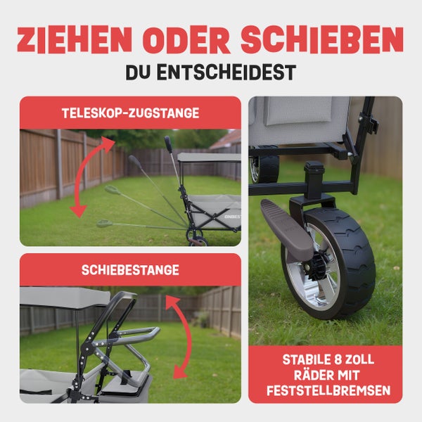 Faltbarer Bollerwagen mit Teleskop-Zugstange, verstellbarer Schiebestange und 8 Zoll großen Rädern mit Feststellbremse.