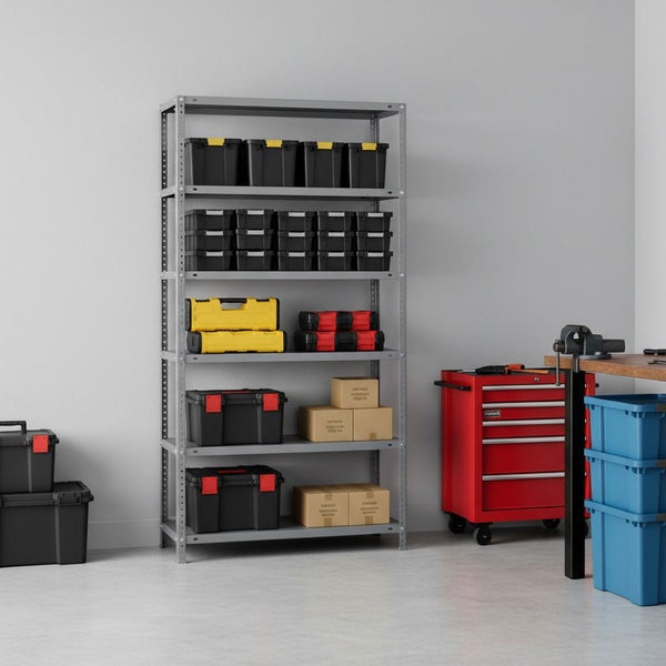 Helle, organisierte Werkstatt mit grauem Metallregal voller Werkzeugkoffer, einem roten Werkstattwagen und einer Werkbank mit Schraubstock.